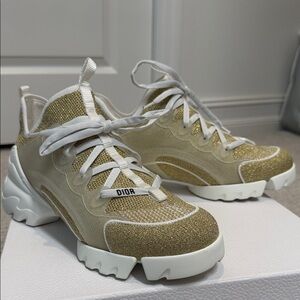 Dior Women's Gold and White Sneakers NEW